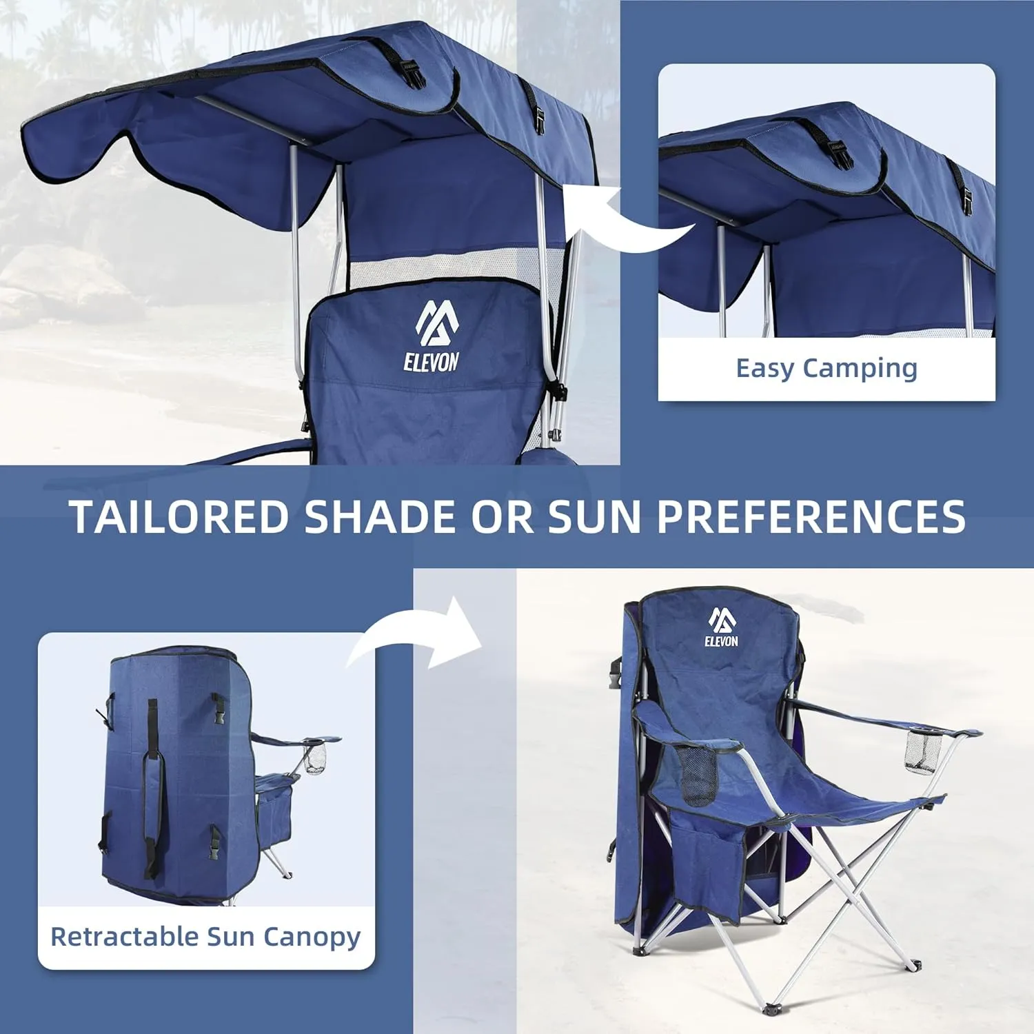 Camp Chairs with Shade Canopy Chair Folding Camping Recliner Support with Carrying Bag, Navy Blue