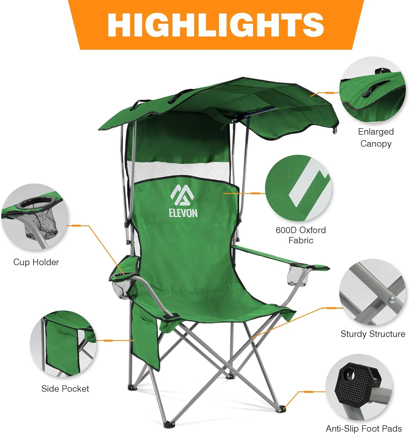 Camping Chair, Oversized Folding Chair with Canopy, Portable Outdoor Chair with Arms, Cup Holder and Carry Bag for Camping, Fishing, Beach, and Sports, Green