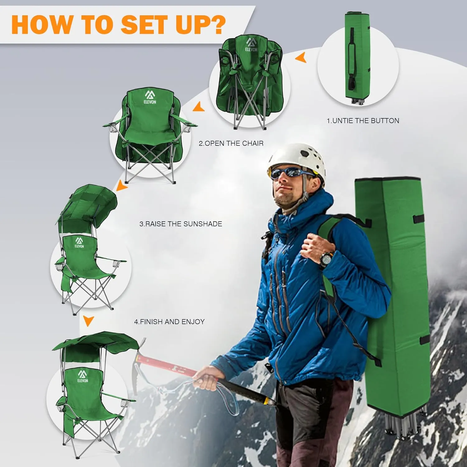 Camping Chair, Oversized Folding Chair with Canopy, Portable Outdoor Chair with Arms, Cup Holder and Carry Bag for Camping, Fishing, Beach, and Sports, Green