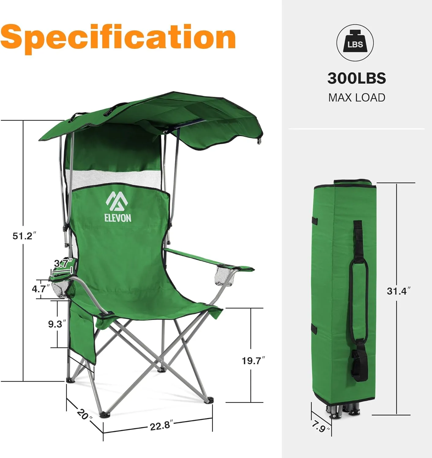 Camping Chair, Oversized Folding Chair with Canopy, Portable Outdoor Chair with Arms, Cup Holder and Carry Bag for Camping, Fishing, Beach, and Sports, Green