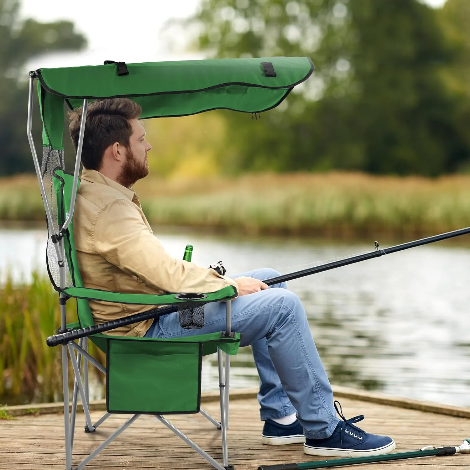 Camping Chair, Oversized Folding Chair with Canopy, Portable Outdoor Chair with Arms, Cup Holder and Carry Bag for Camping, Fishing, Beach, and Sports, Green