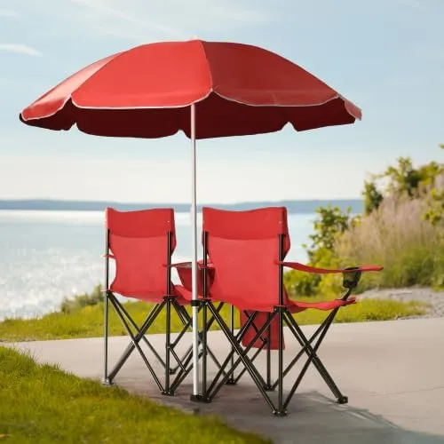 Camping Chairs, Folding Double Chair with Removable Umbrella, Cup Holders, Cooler Bag, Side Pocket & Carry Bag, for Beach, Outdoor, Sports, Concerts, Travel, Picnic