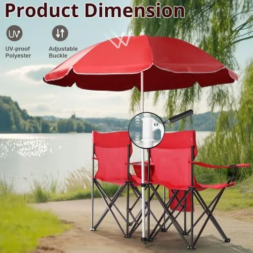 Camping Chairs, Folding Double Chair with Removable Umbrella, Cup Holders, Cooler Bag, Side Pocket & Carry Bag, for Beach, Outdoor, Sports, Concerts, Travel, Picnic