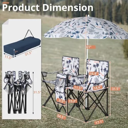 Camping Chairs, Folding Double Chair with Removable Umbrella, Cup Holders, Cooler Bag, Side Pocket & Carry Bag, for Beach, Outdoor, Sports, Concerts, Travel, Picnic