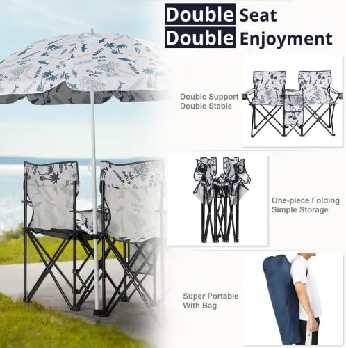 Camping Chairs, Folding Double Chair with Removable Umbrella, Cup Holders, Cooler Bag, Side Pocket & Carry Bag, for Beach, Outdoor, Sports, Concerts, Travel, Picnic