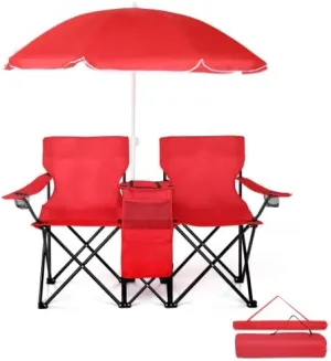 Camping Chairs, Folding Double Chair with Removable Umbrella, Cup Holders, Cooler Bag, Side Pocket & Carry Bag, for Beach, Outdoor, Sports, Concerts, Travel, Picnic