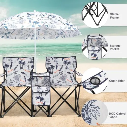 Camping Chairs, Folding Double Chair with Removable Umbrella, Cup Holders, Cooler Bag, Side Pocket & Carry Bag, for Beach, Outdoor, Sports, Concerts, Travel, Picnic