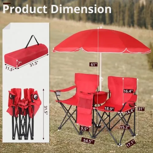 Camping Chairs, Folding Double Chair with Removable Umbrella, Cup Holders, Cooler Bag, Side Pocket & Carry Bag, for Beach, Outdoor, Sports, Concerts, Travel, Picnic