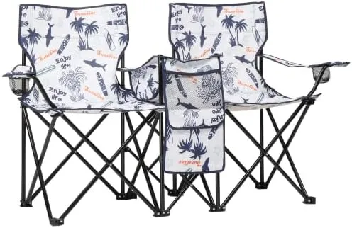 Camping Chairs, Folding Double Chair with Removable Umbrella, Cup Holders, Cooler Bag, Side Pocket & Carry Bag, for Beach, Outdoor, Sports, Concerts, Travel, Picnic