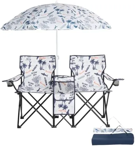 Camping Chairs, Folding Double Chair with Removable Umbrella, Cup Holders, Cooler Bag, Side Pocket & Carry Bag, for Beach, Outdoor, Sports, Concerts, Travel, Picnic