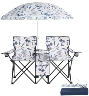 Camping Chairs, Folding Double Chair with Removable Umbrella, Cup Holders, Cooler Bag, Side Pocket & Carry Bag, for Beach, Outdoor, Sports, Concerts, Travel, Picnic