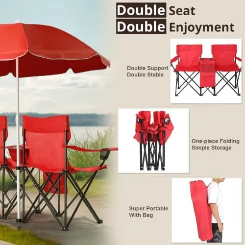 Camping Chairs, Folding Double Chair with Removable Umbrella, Cup Holders, Cooler Bag, Side Pocket & Carry Bag, for Beach, Outdoor, Sports, Concerts, Travel, Picnic