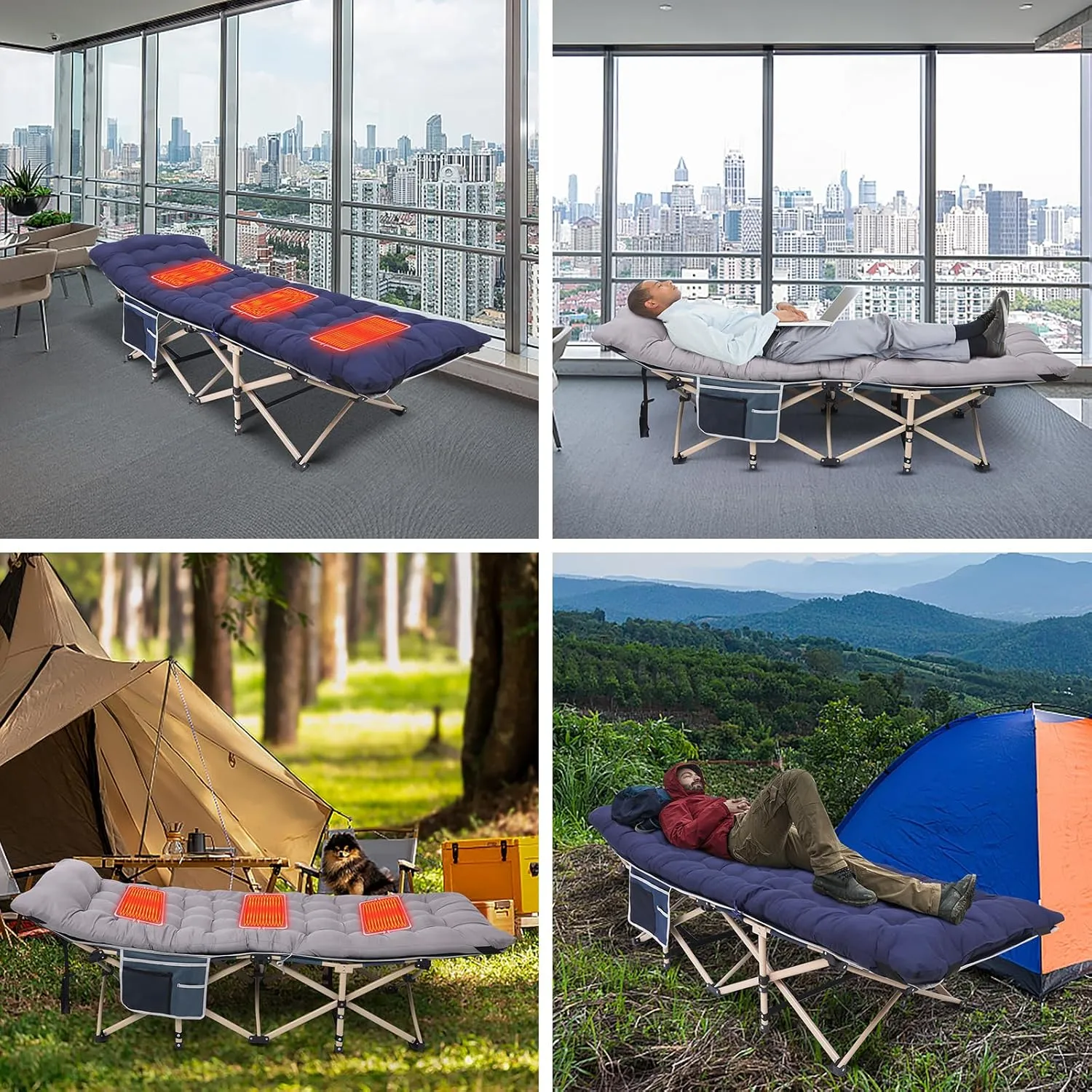 Camping Cot, Heated Camping Cot Folding Cot for Adults with Heated Mattress, Folding Bed, Carry Bag, Pillow & Side Mesh Holders Holds Weights Up to 500Lbs (Set of 1 Grey)