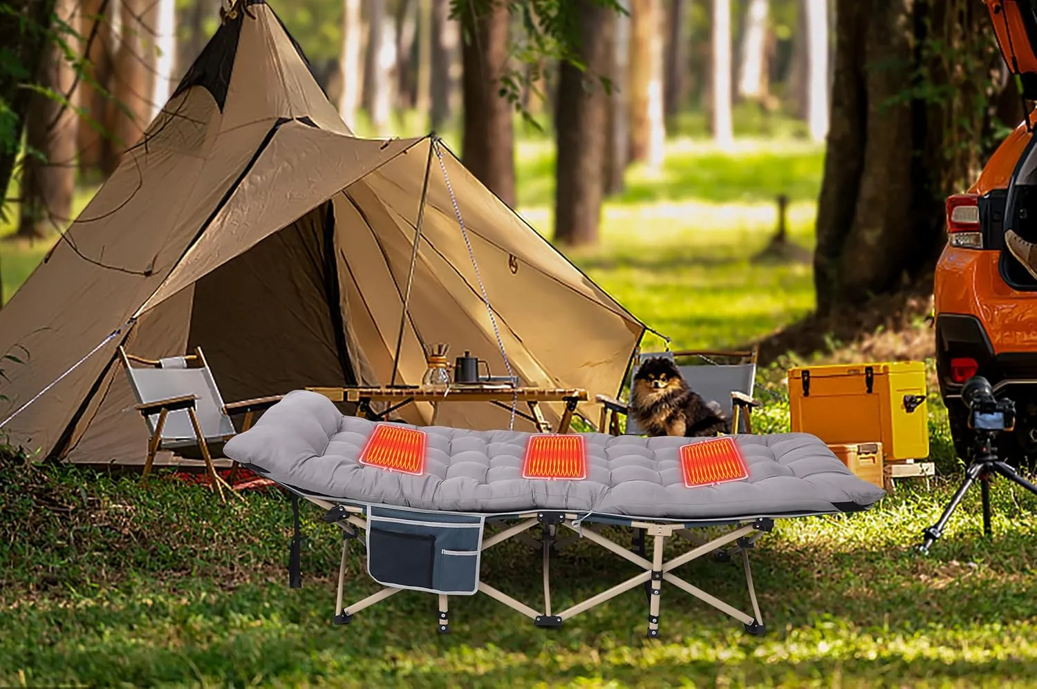 Camping Cot, Heated Camping Cot Folding Cot for Adults with Heated Mattress, Folding Bed, Carry Bag, Pillow & Side Mesh Holders Holds Weights Up to 500Lbs (Set of 1 Grey)