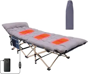 Camping Cot, Heated Camping Cot Folding Cot for Adults with Heated Mattress, Folding Bed, Carry Bag, Pillow & Side Mesh Holders Holds Weights Up to 500Lbs (Set of 1 Grey)