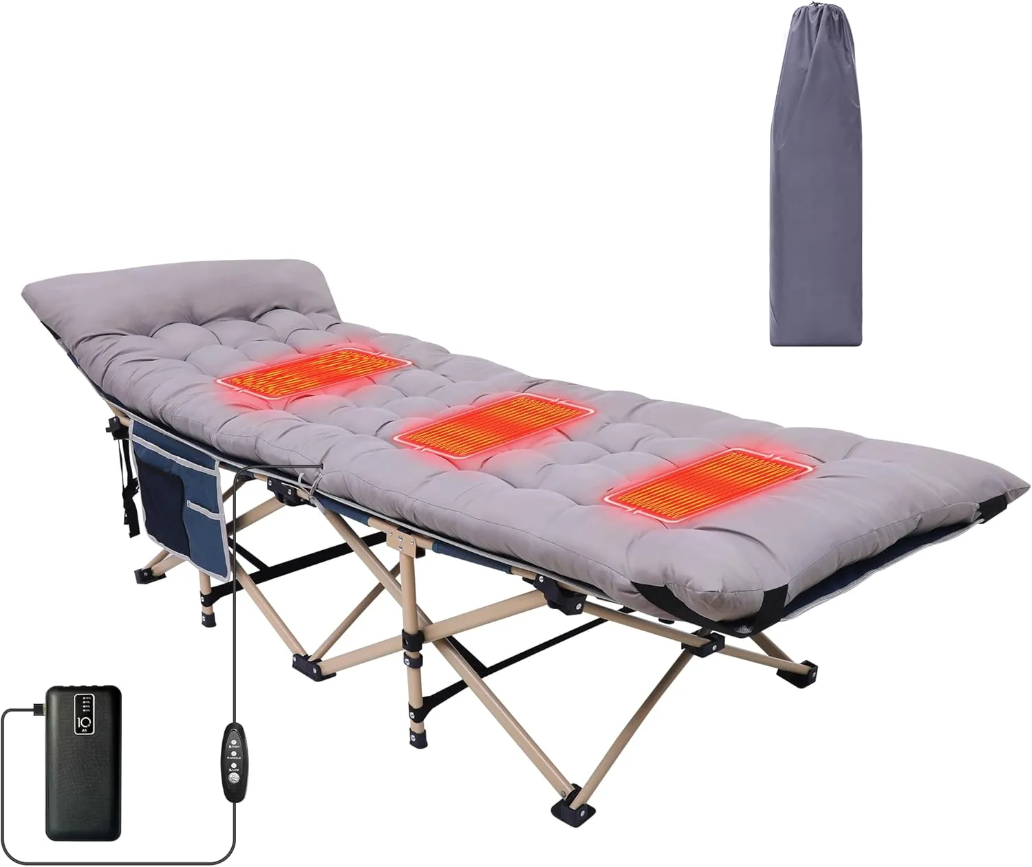Camping Cot, Heated Camping Cot Folding Cot for Adults with Heated Mattress, Folding Bed, Carry Bag, Pillow & Side Mesh Holders Holds Weights Up to 500Lbs (Set of 1 Grey)