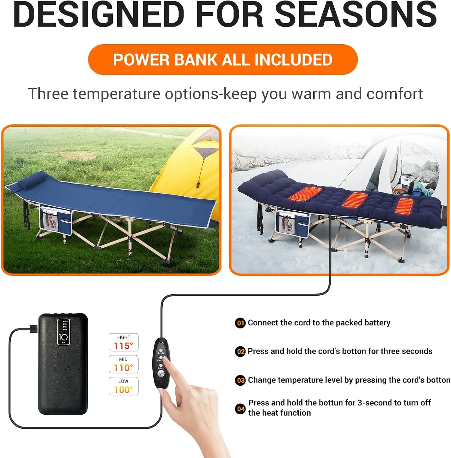 Camping Cot, Heated Camping Cot Folding Cot for Adults with Heated Mattress, Folding Bed, Carry Bag, Pillow & Side Mesh Holders Holds Weights Up to 500Lbs (Set of 1 Grey)