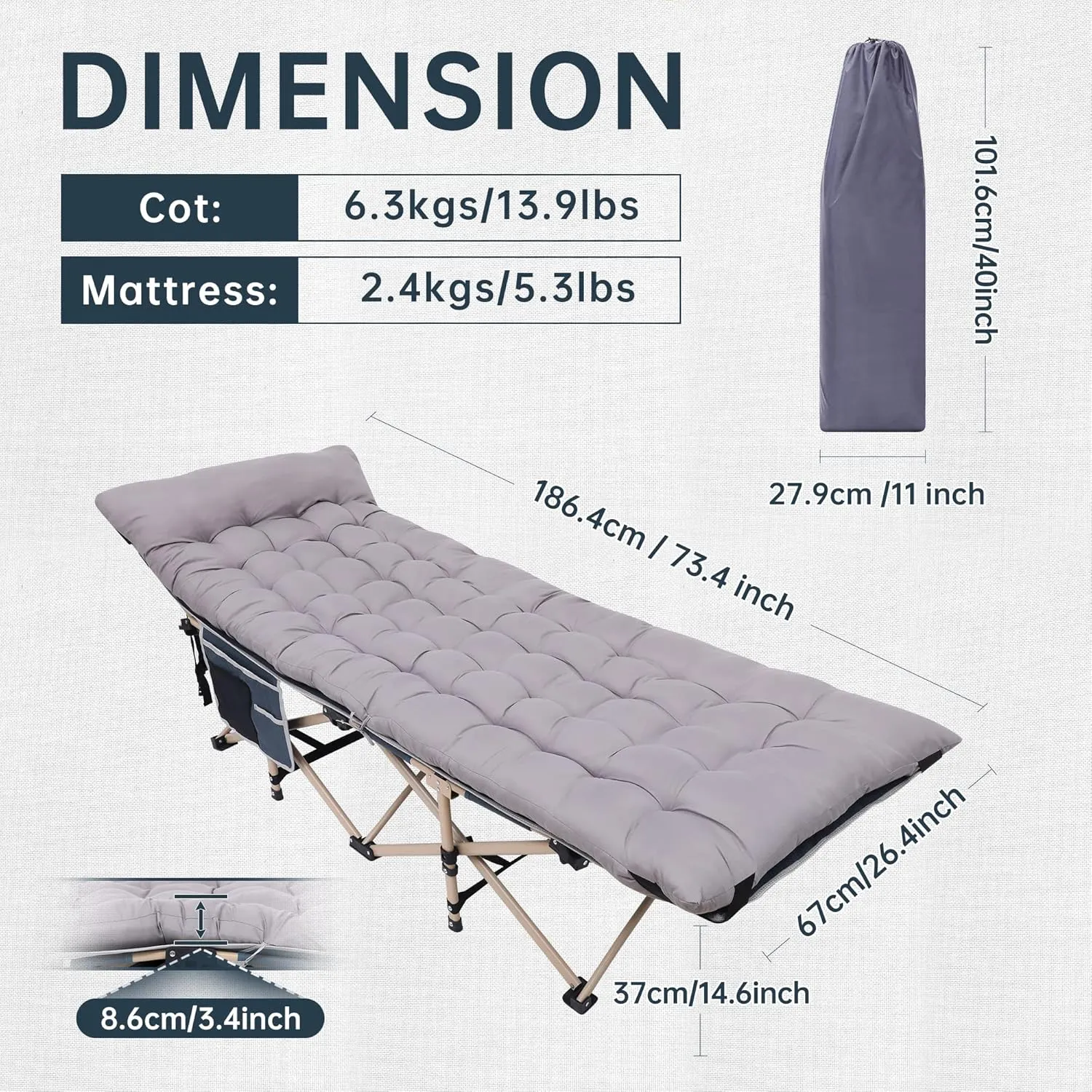 Camping Cot, Heated Camping Cot Folding Cot for Adults with Heated Mattress, Folding Bed, Carry Bag, Pillow & Side Mesh Holders Holds Weights Up to 500Lbs (Set of 1 Grey)