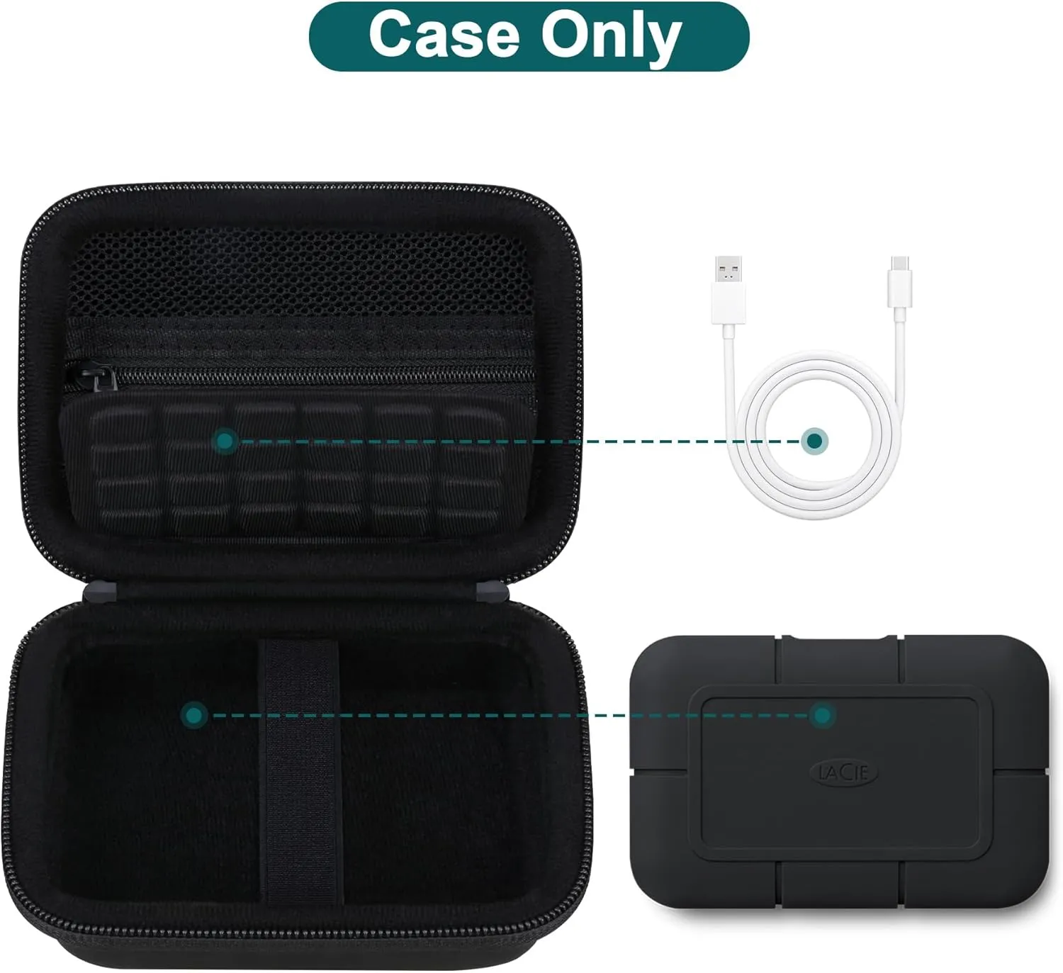 Canboc Carrying Case for LaCie Rugged SSD Pro5 2TB 4TB External Solid State Drive, Zipper Mesh Pocket fit Cable, Black (Case Only)