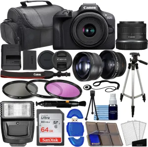 Canon EOS R100 Mirrorless Camera w/RF-S 18-45mm f/4.5-6.3 STM Lens   Wide Angle & Telephoto Lenses   64GB Memory   3pc Filter Kit   Case   Flash   Tripod