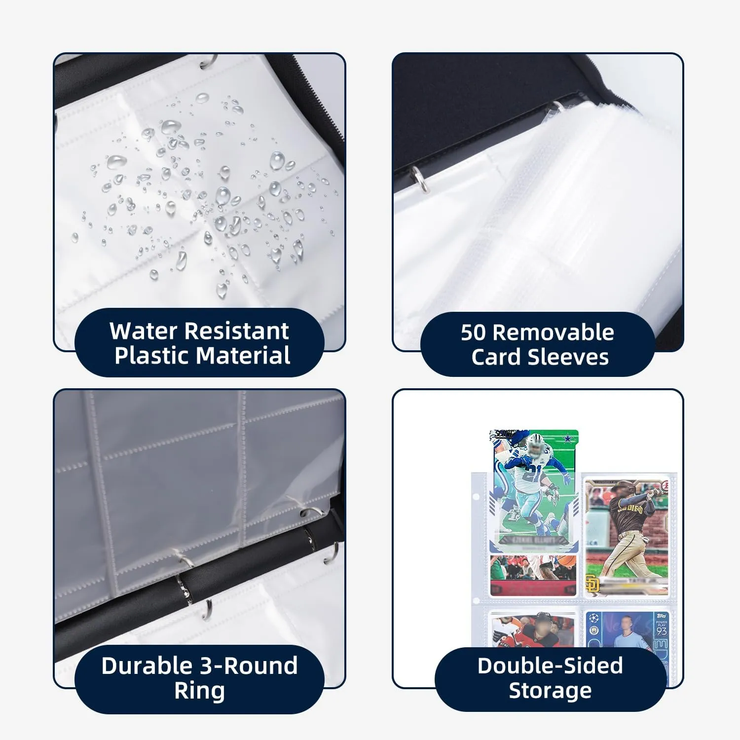 Card Binder 4 Pocket, Trading Card Binder with Sleeves, Baseball Card Binder, Sports Card Binder Collectible Trading Card Albums Fits 400 Cards with 50 Removable Sleeves