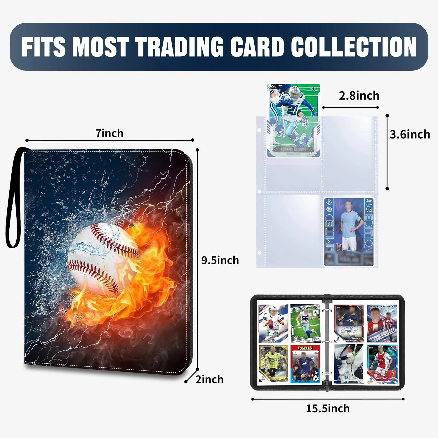 Card Binder 4 Pocket, Trading Card Binder with Sleeves, Baseball Card Binder, Sports Card Binder Collectible Trading Card Albums Fits 400 Cards with 50 Removable Sleeves