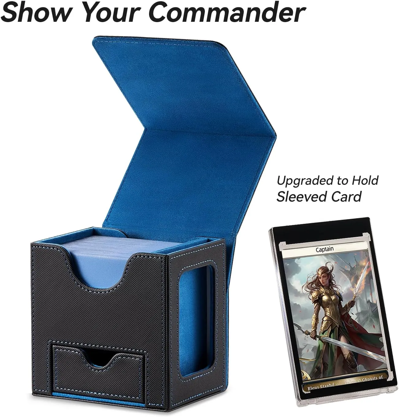 Card Deck Box for MTG Commander - Patented Design, Commander Display, Fits 100 Double-Sleeved Cards, 35pt Card Brick & Dice Tray - Black/Blue
