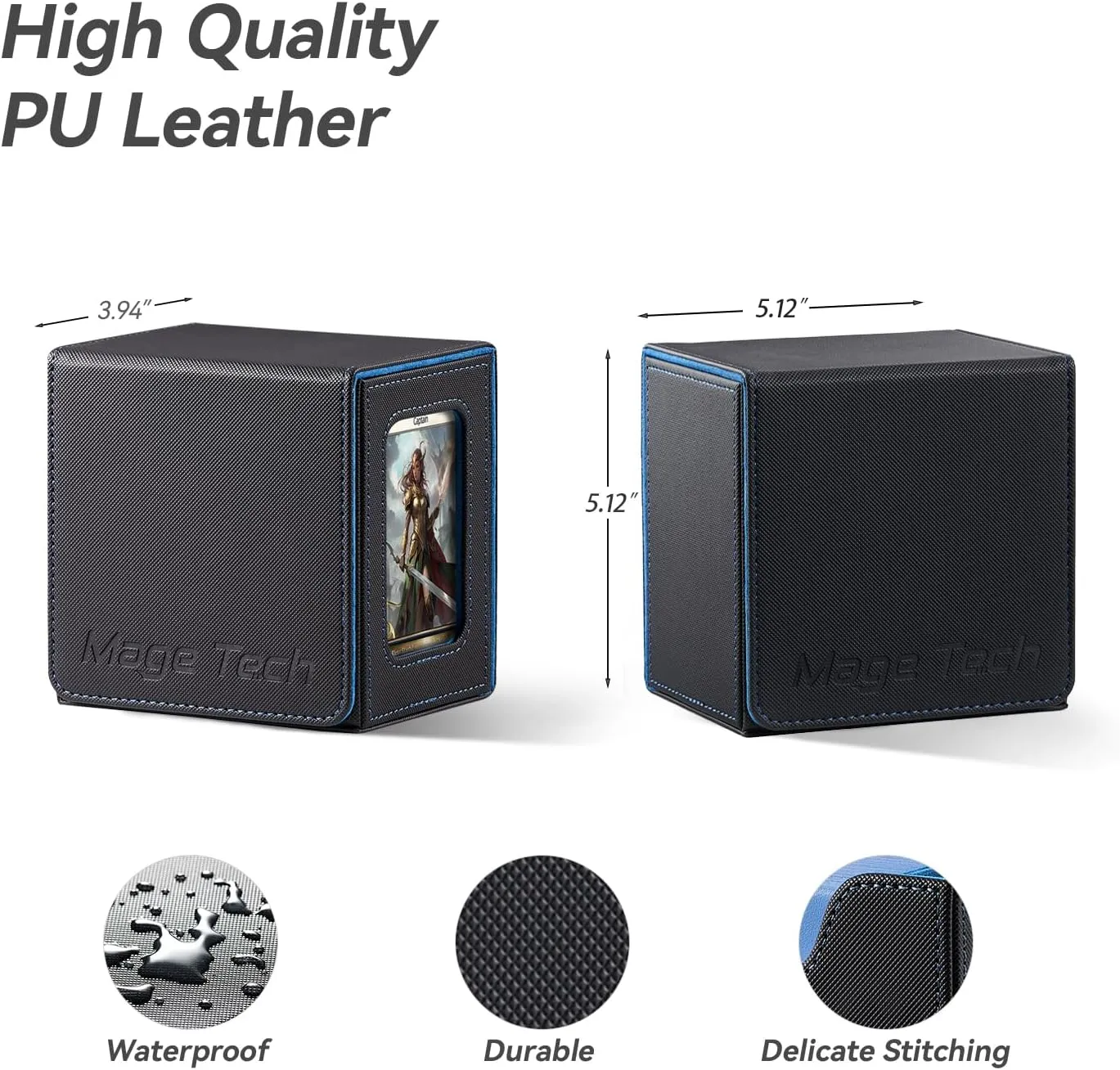 Card Deck Box for MTG Commander - Patented Design, Commander Display, Fits 100 Double-Sleeved Cards, 35pt Card Brick & Dice Tray - Black/Blue