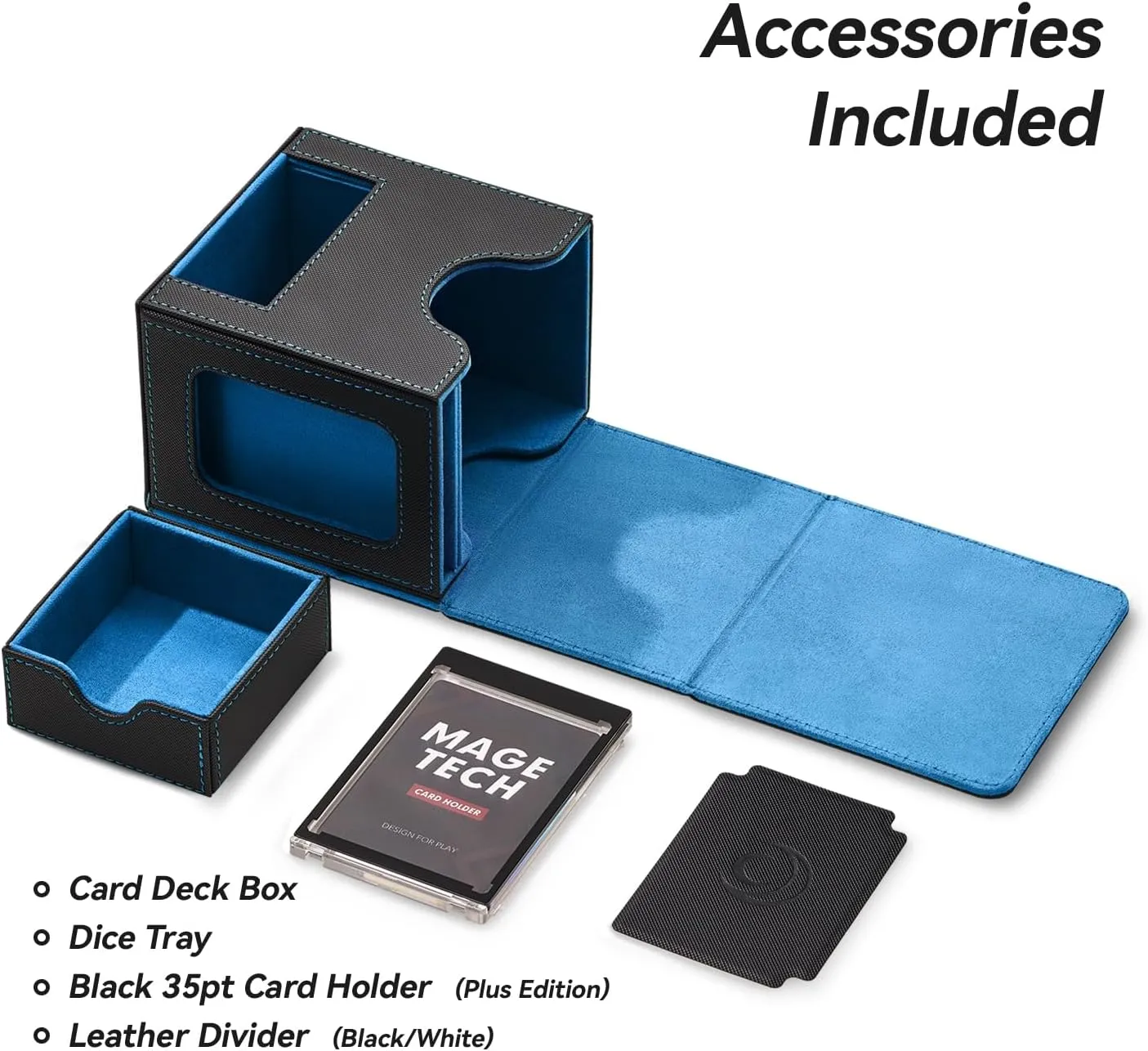 Card Deck Box for MTG Commander - Patented Design, Commander Display, Fits 100 Double-Sleeved Cards, 35pt Card Brick & Dice Tray - Black/Blue