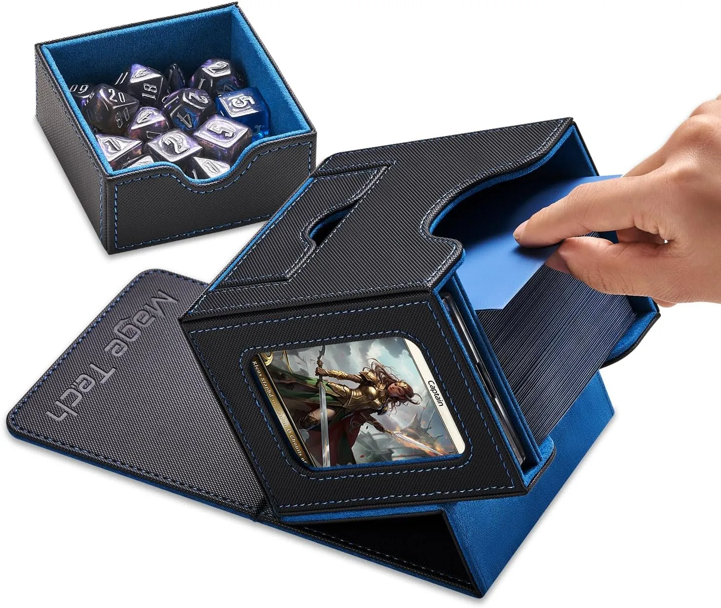 Card Deck Box for MTG Commander - Patented Design, Commander Display, Fits 100 Double-Sleeved Cards, 35pt Card Brick & Dice Tray - Black/Blue