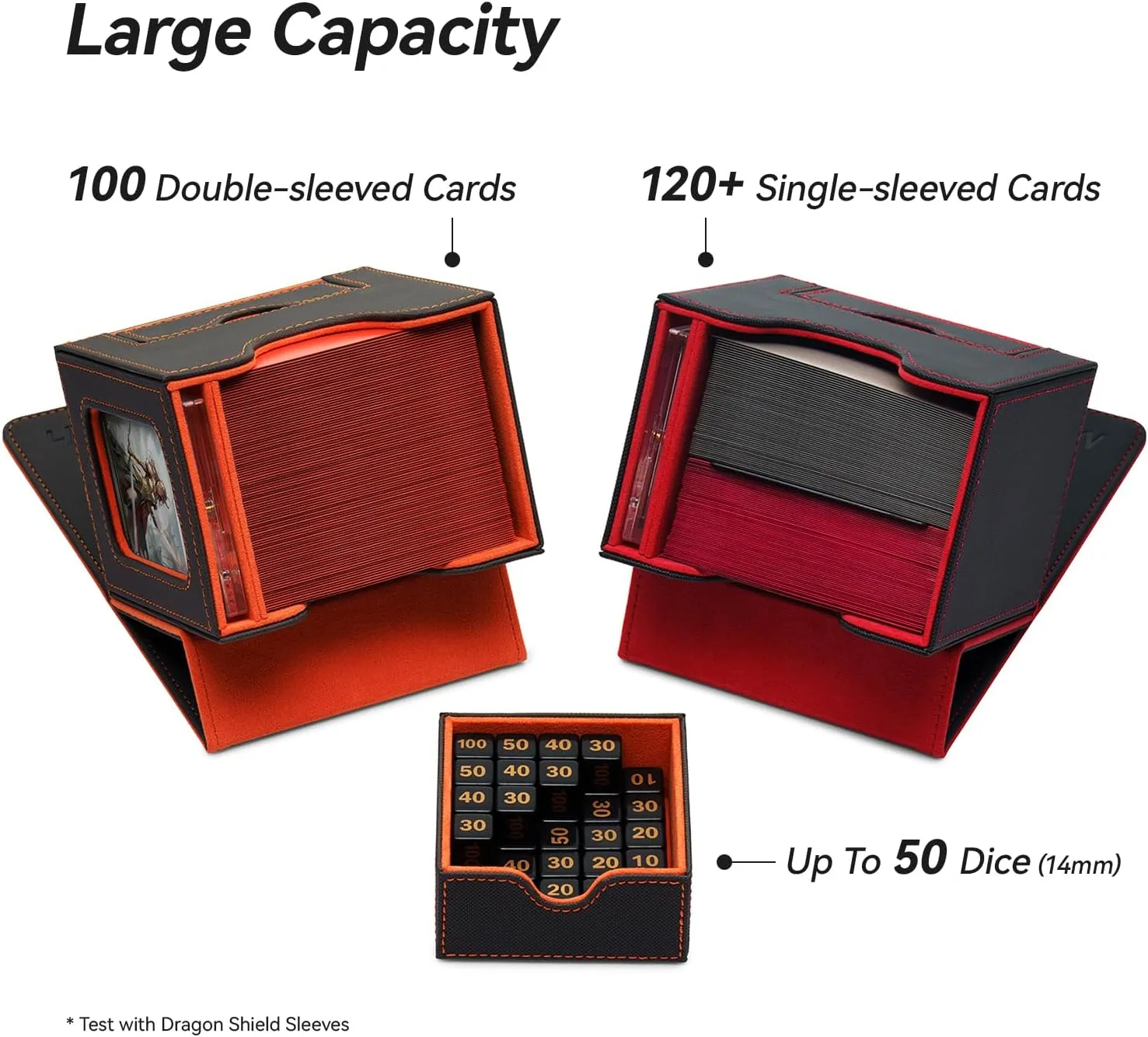 Card Deck Box for MTG Commander - Patented Design, Commander Display, Fits 100 Double-Sleeved Cards, 35pt Card Brick & Dice Tray - Black/Blue