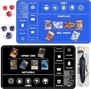 Card Game Playmats MTG Playmat for Beginner 2 Pack with Dices, Magic Mat Commander Deck Card Playmat for TCG MTG Accessories Play Mat 24x14 Inches Duel Card Battles, Black/Blue