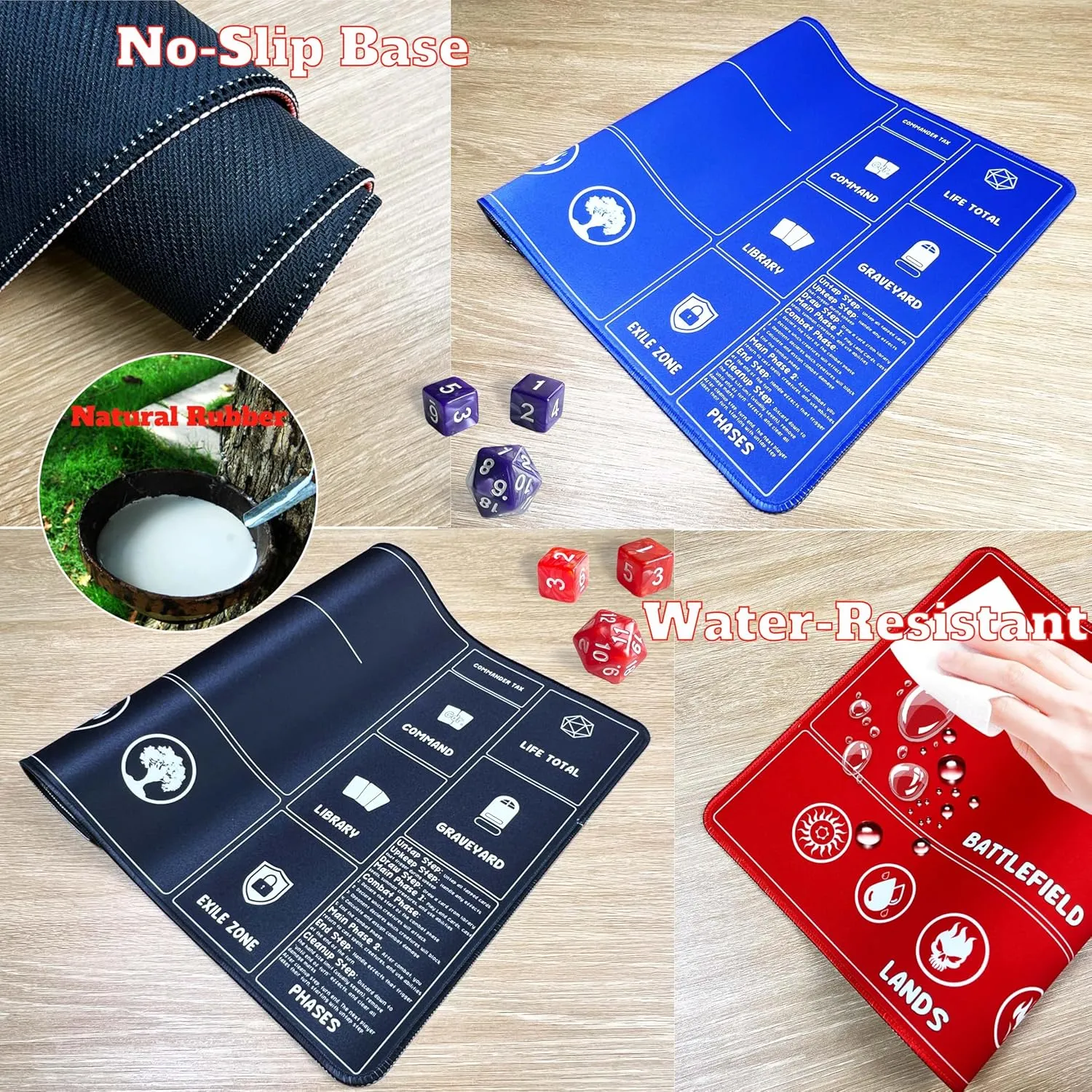 Card Game Playmats MTG Playmat for Beginner 2 Pack with Dices, Magic Mat Commander Deck Card Playmat for TCG MTG Accessories Play Mat 24x14 Inches Duel Card Battles, Black/Blue