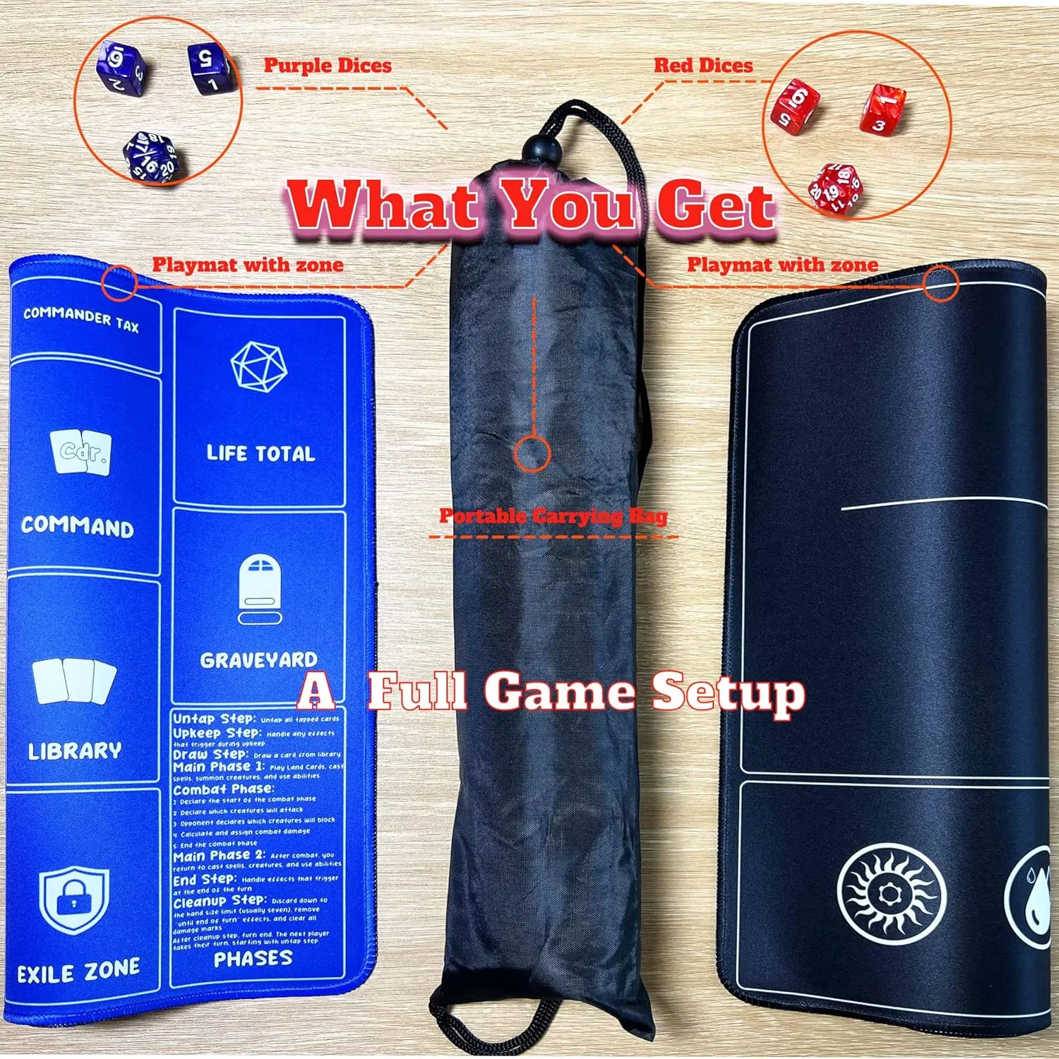 Card Game Playmats MTG Playmat for Beginner 2 Pack with Dices, Magic Mat Commander Deck Card Playmat for TCG MTG Accessories Play Mat 24x14 Inches Duel Card Battles, Black/Blue