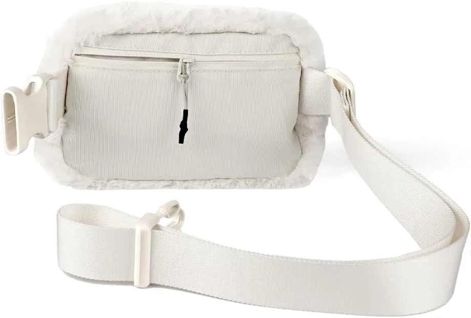 C.C Faux Fur Fanny Pack For Women Unisex - Fuzzy Daily Waist Crossbody Belt bag With Adjustable Strap (Ivory)