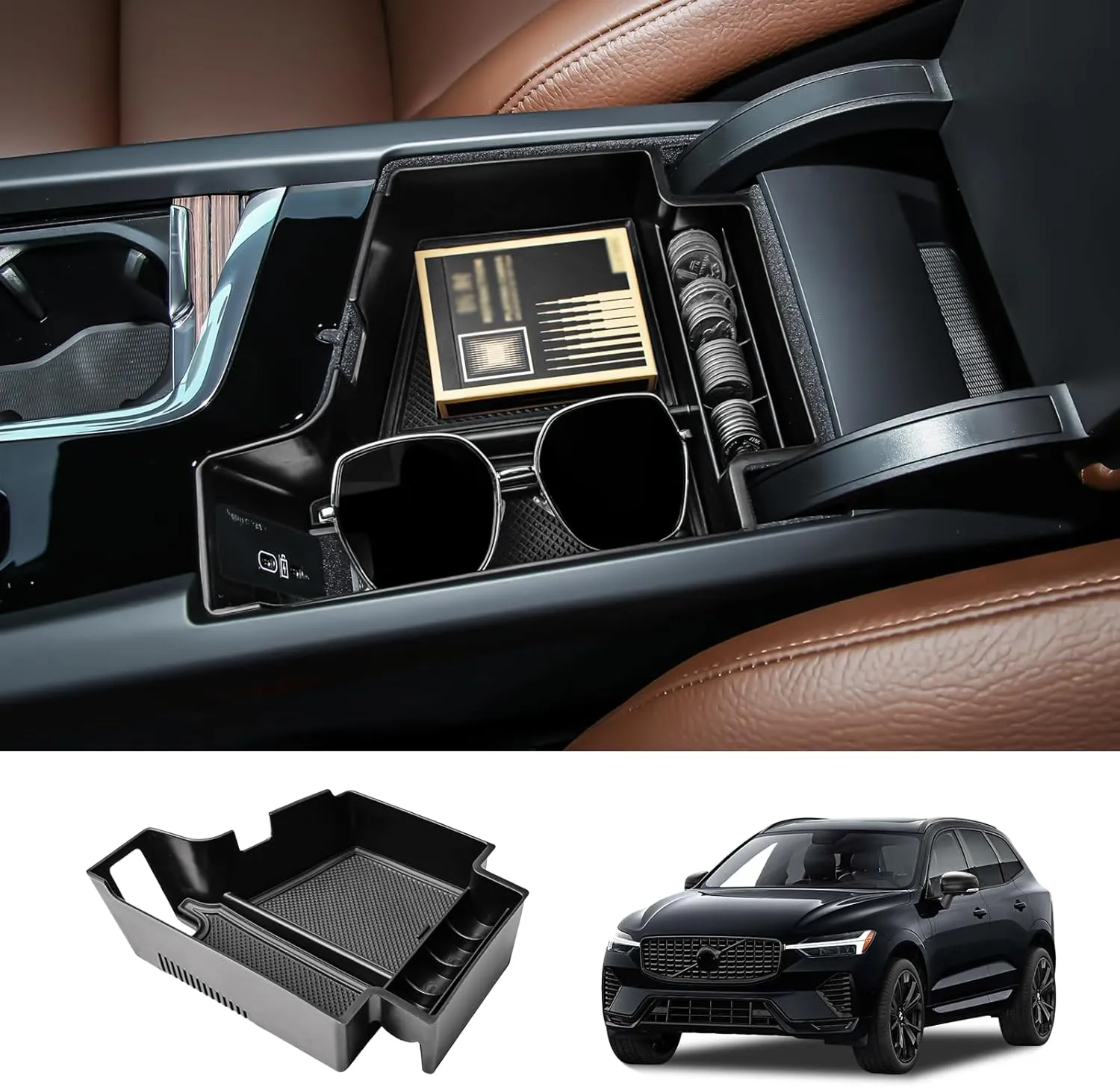 Center Console Organizer Compatible with Volvo XC60 2018-2024/ XC90 2021-2024/ S90 S60 2020-2024/ V60 2019-2024/ V90 2017-2024 Accessories, Armrest Box Insert Tray Storage Box Charging Hole