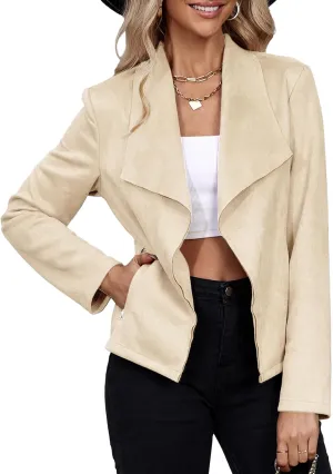 Century Star Womens Fashion Moto Jacket Woman Faux Suede Cropped Coat Casual Long Sleeve Open Front Outwear
