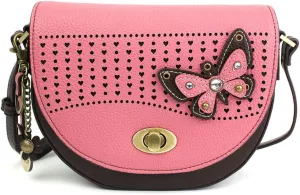 Chala Half Moon Organizer Crossbody Cell Phone Purse-Women Faux Leather Multicolor Handbag with Adjustable Strap - Butterfly Pink