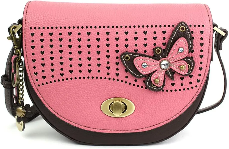 Chala Half Moon Organizer Crossbody Cell Phone Purse-Women Faux Leather Multicolor Handbag with Adjustable Strap - Butterfly Pink