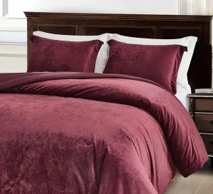 Chezmoi Collection Lux 3-Piece Burgundy Velvet Comforter Set Queen Size, All Season Lush Plush Velvet Bedding Set with Soft Washed Microfiber Reverse