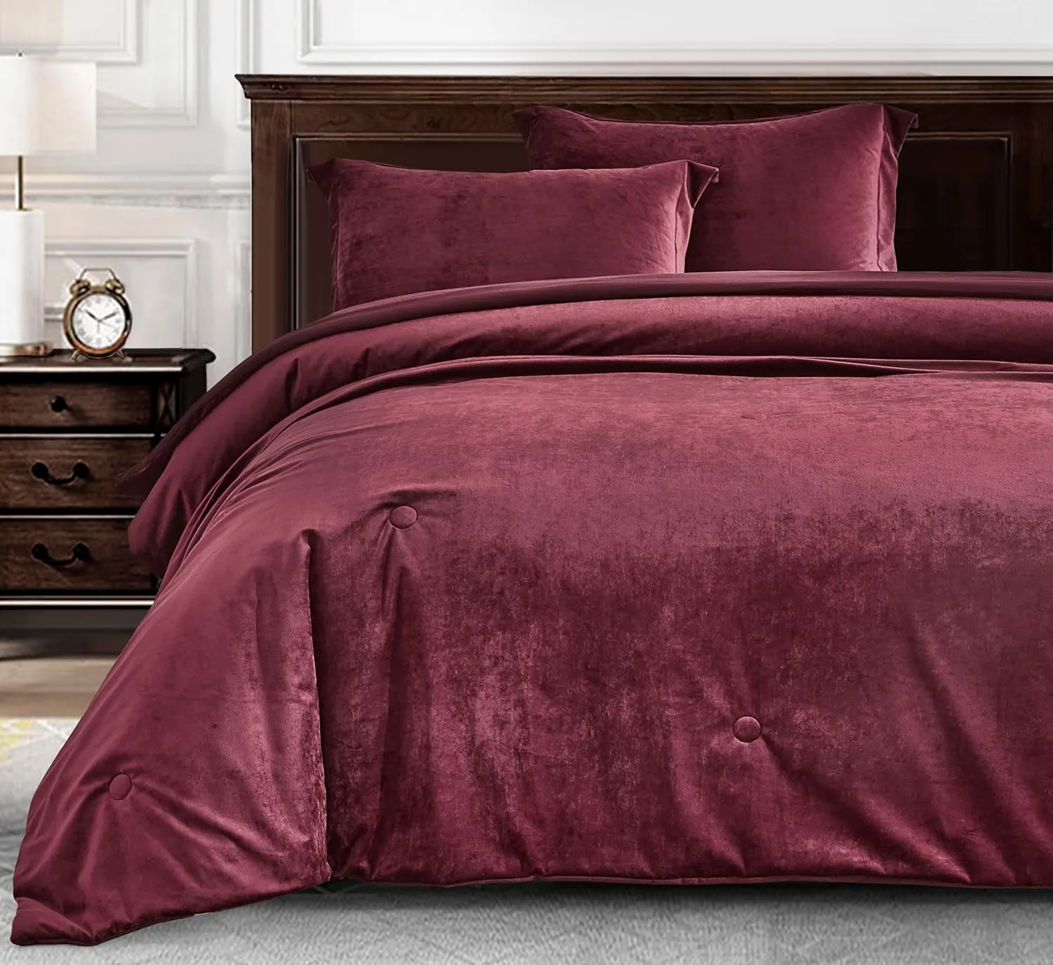 Chezmoi Collection Lux 3-Piece Burgundy Velvet Comforter Set Queen Size, All Season Lush Plush Velvet Bedding Set with Soft Washed Microfiber Reverse