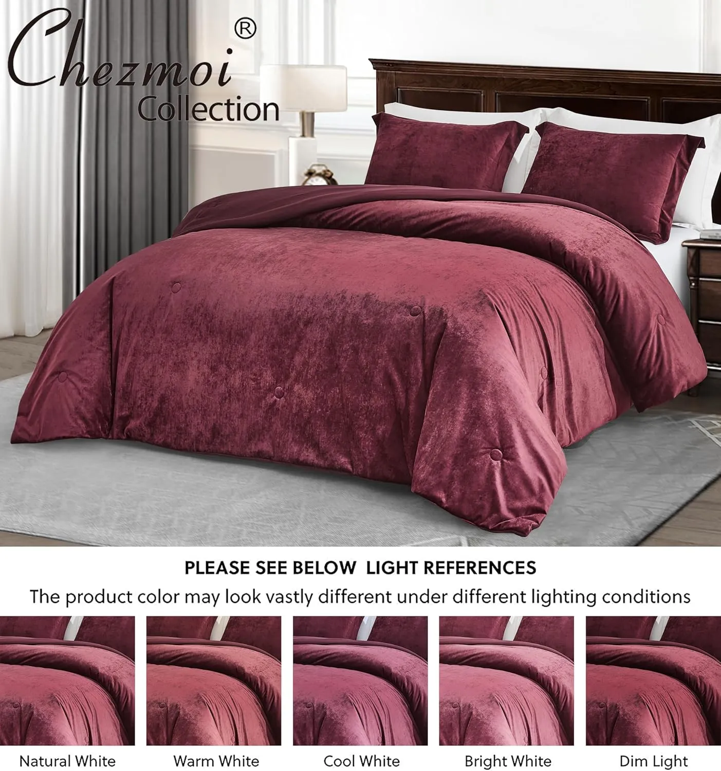 Chezmoi Collection Lux 3-Piece Burgundy Velvet Comforter Set Queen Size, All Season Lush Plush Velvet Bedding Set with Soft Washed Microfiber Reverse