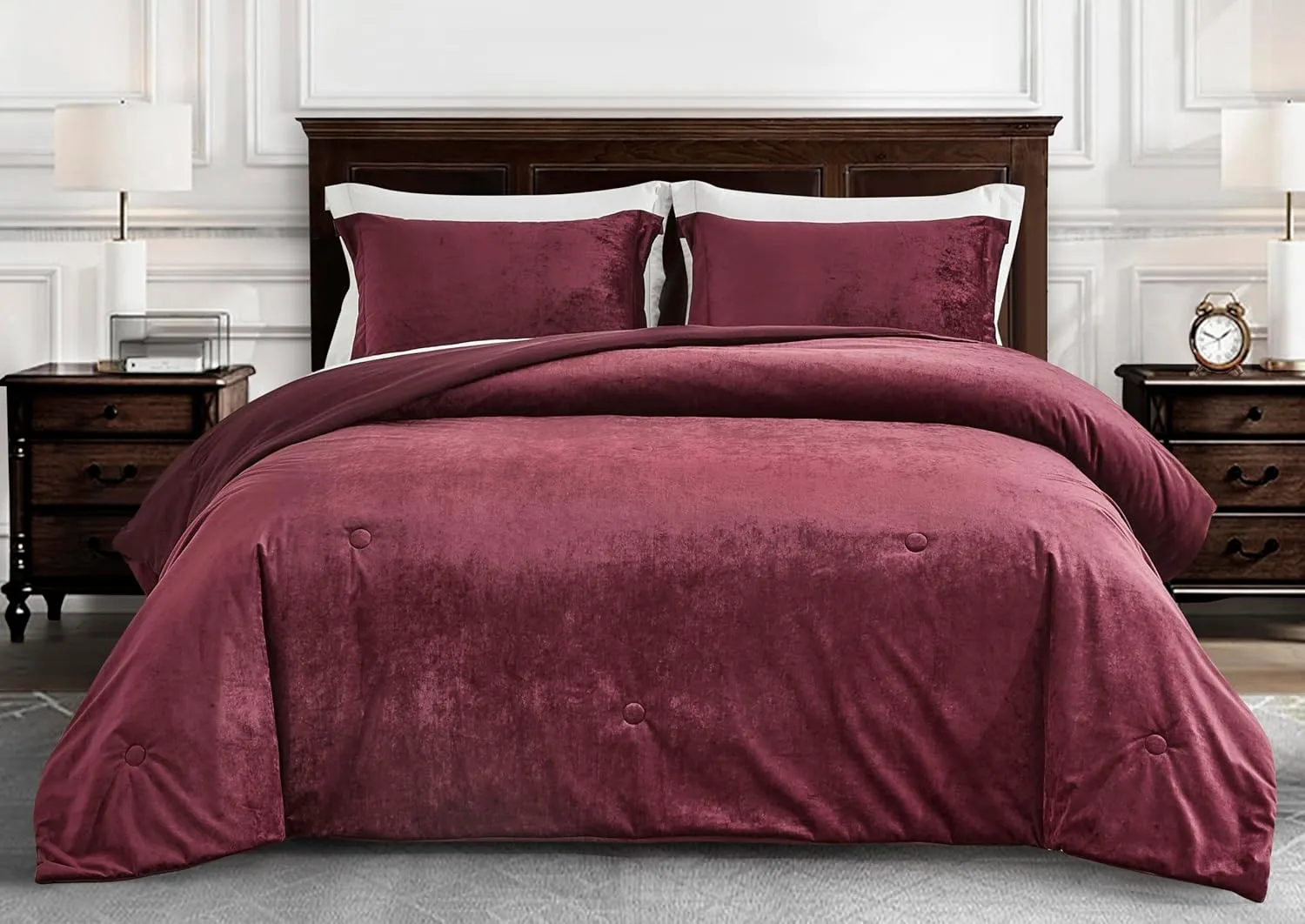 Chezmoi Collection Lux 3-Piece Burgundy Velvet Comforter Set Queen Size, All Season Lush Plush Velvet Bedding Set with Soft Washed Microfiber Reverse