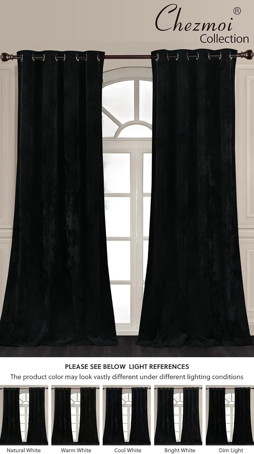 Chezmoi Collection Lux Black Crushed Velvet Curtains, 2 Panel Set, Room Darkening Distressed Velvet Grommet Top Curtain, 50" W x 96" L for Living Room Bedroom Window Drapes
