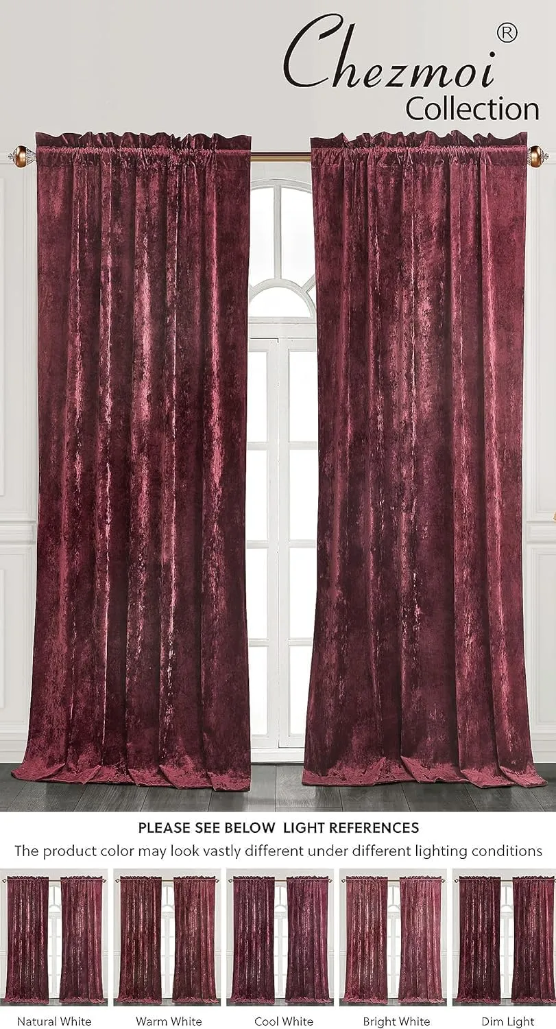Chezmoi Collection Lux Burgundy Crushed Velvet Curtains 2 Panel Set - 84 inches Long Room Darkening Luxury Distressed Velvet Rod Pocket Window Drapes for Living Room Bedroom 50" W x 84" L