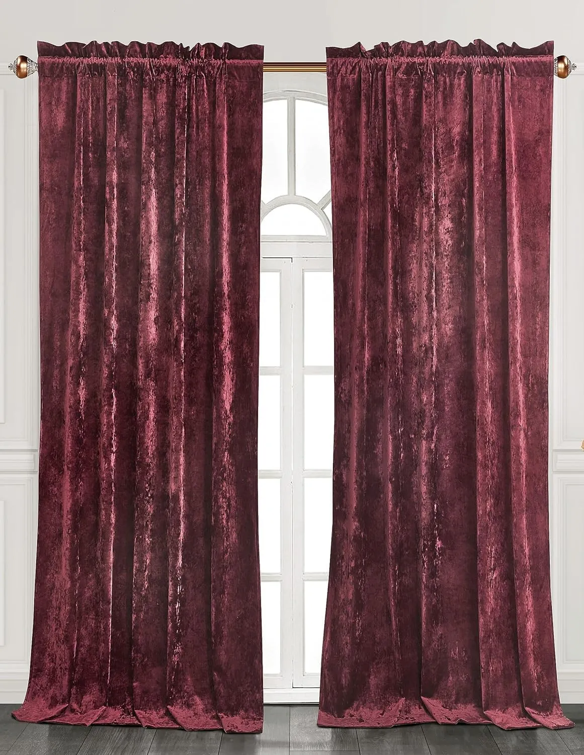 Chezmoi Collection Lux Burgundy Crushed Velvet Curtains 2 Panel Set - 84 inches Long Room Darkening Luxury Distressed Velvet Rod Pocket Window Drapes for Living Room Bedroom 50" W x 84" L