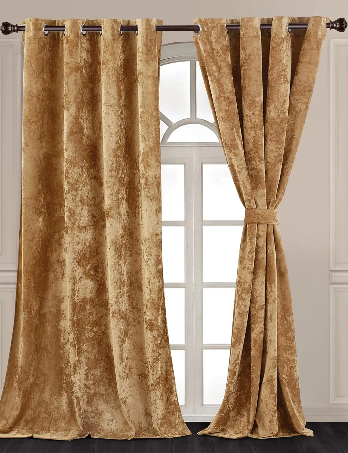 Chezmoi Collection Lux Caramel Gold Crushed Velvet Curtains, 2 Panel Set, Room Darkening Distressed Velvet Grommet Top Curtain, 50" W x 96" L for Living Room Bedroom Window Drapes