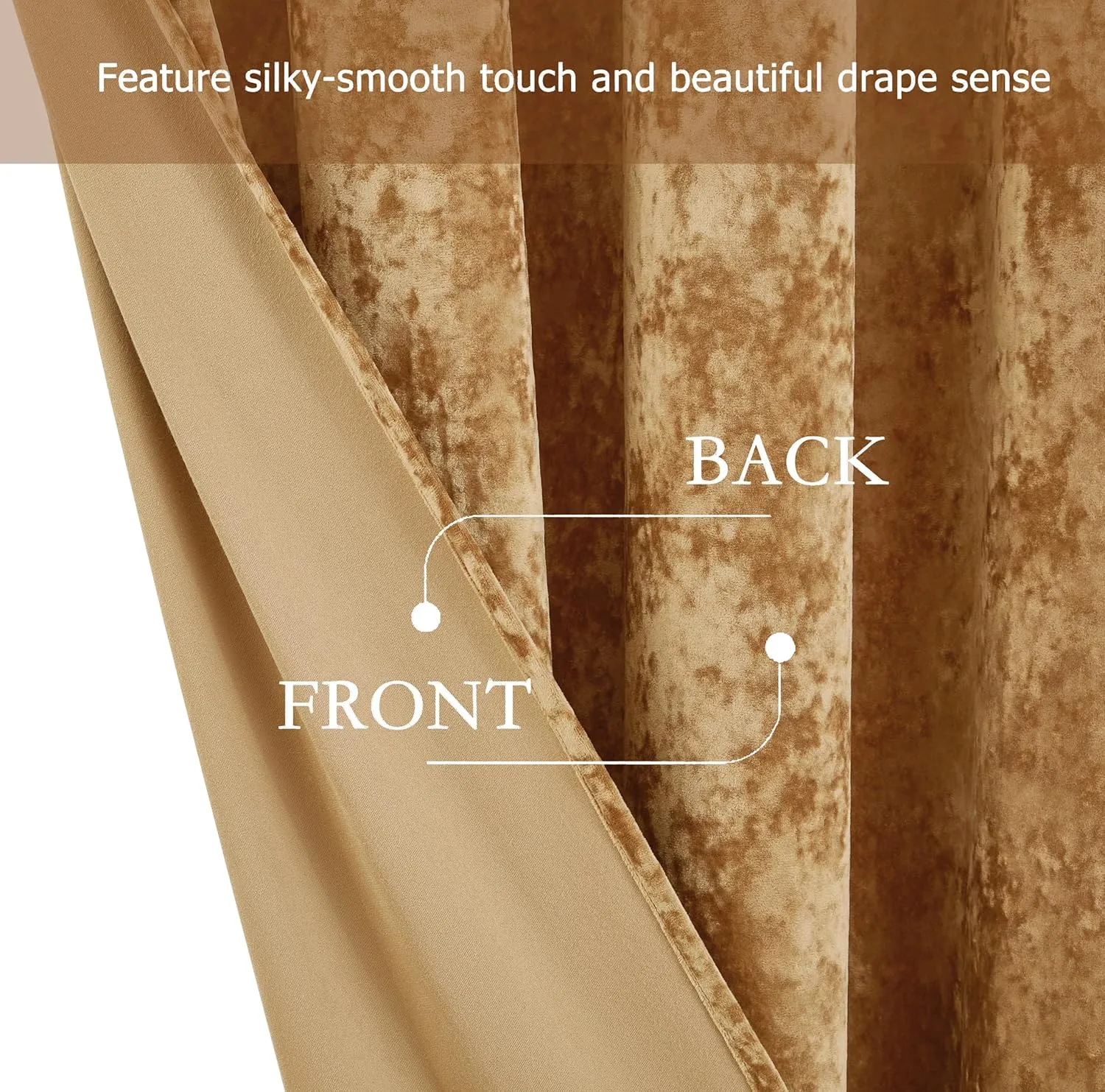 Chezmoi Collection Lux Caramel Gold Crushed Velvet Curtains, 2 Panel Set, Room Darkening Distressed Velvet Grommet Top Curtain, 50" W x 96" L for Living Room Bedroom Window Drapes