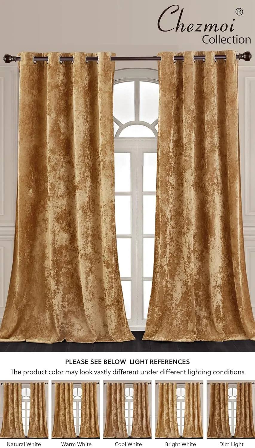 Chezmoi Collection Lux Caramel Gold Crushed Velvet Curtains, 2 Panel Set, Room Darkening Distressed Velvet Grommet Top Curtain, 50" W x 96" L for Living Room Bedroom Window Drapes