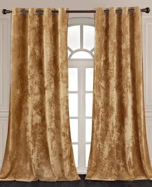 Chezmoi Collection Lux Caramel Gold Crushed Velvet Curtains, 2 Panel Set, Room Darkening Distressed Velvet Grommet Top Curtain, 50" W x 96" L for Living Room Bedroom Window Drapes